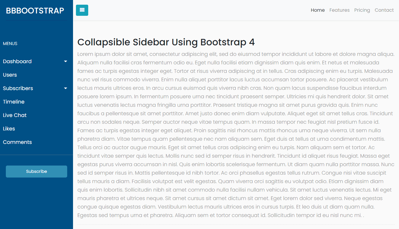 Collapsible Toggle Sidebar with navbar