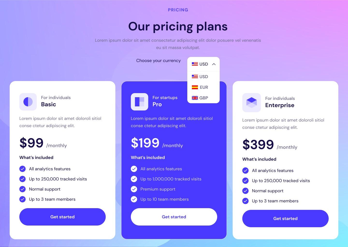 Pricing table template with 3 plans