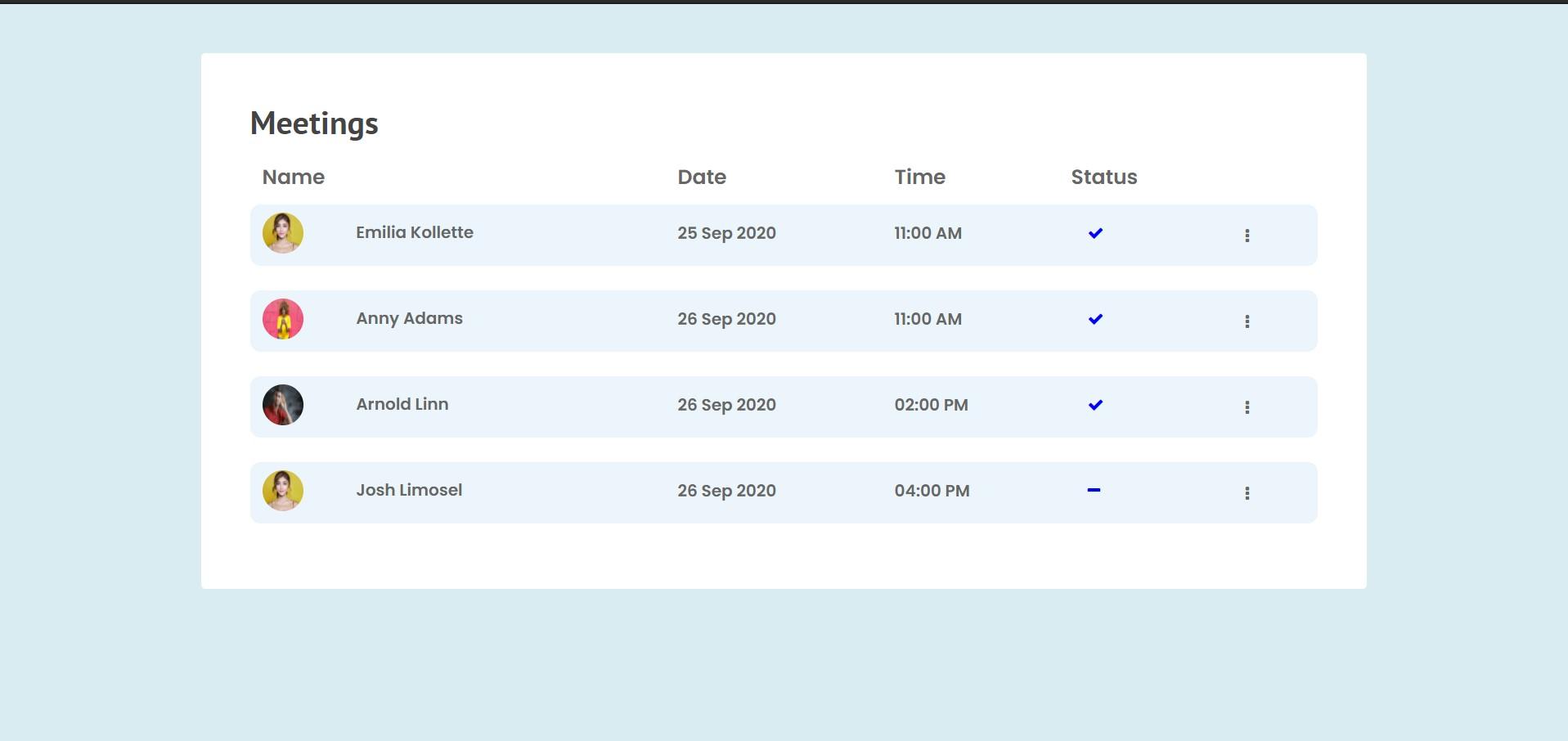 Meeting status table with user info