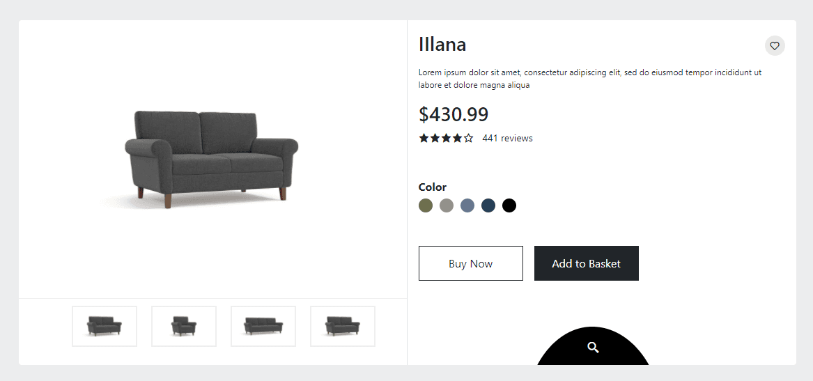ecommerce product page template with search transition effect