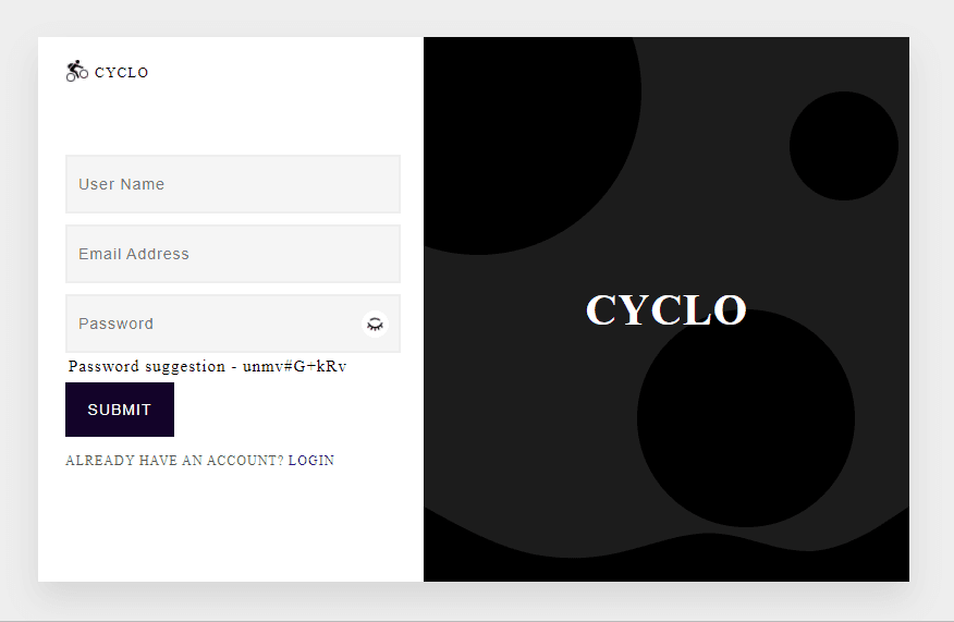 animated login form with password hide/show and password suggestion