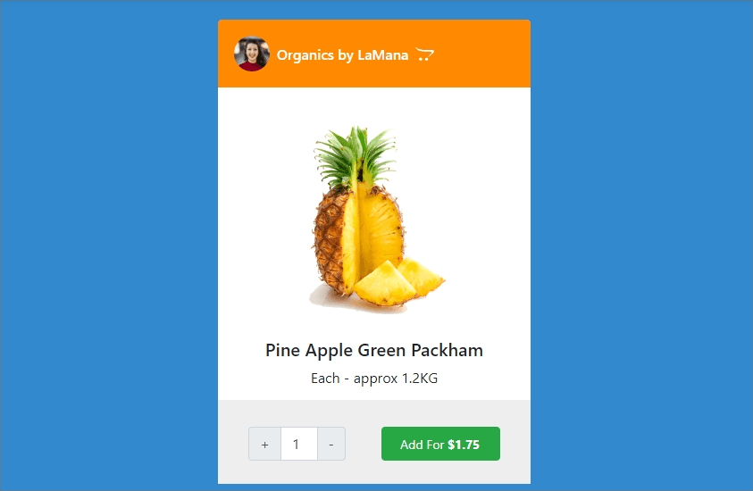 grocery product card with plus minus icons