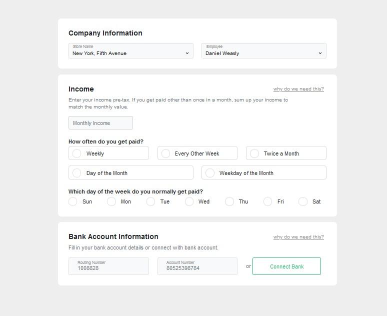 Form Template with company information with use radio button, dropdown