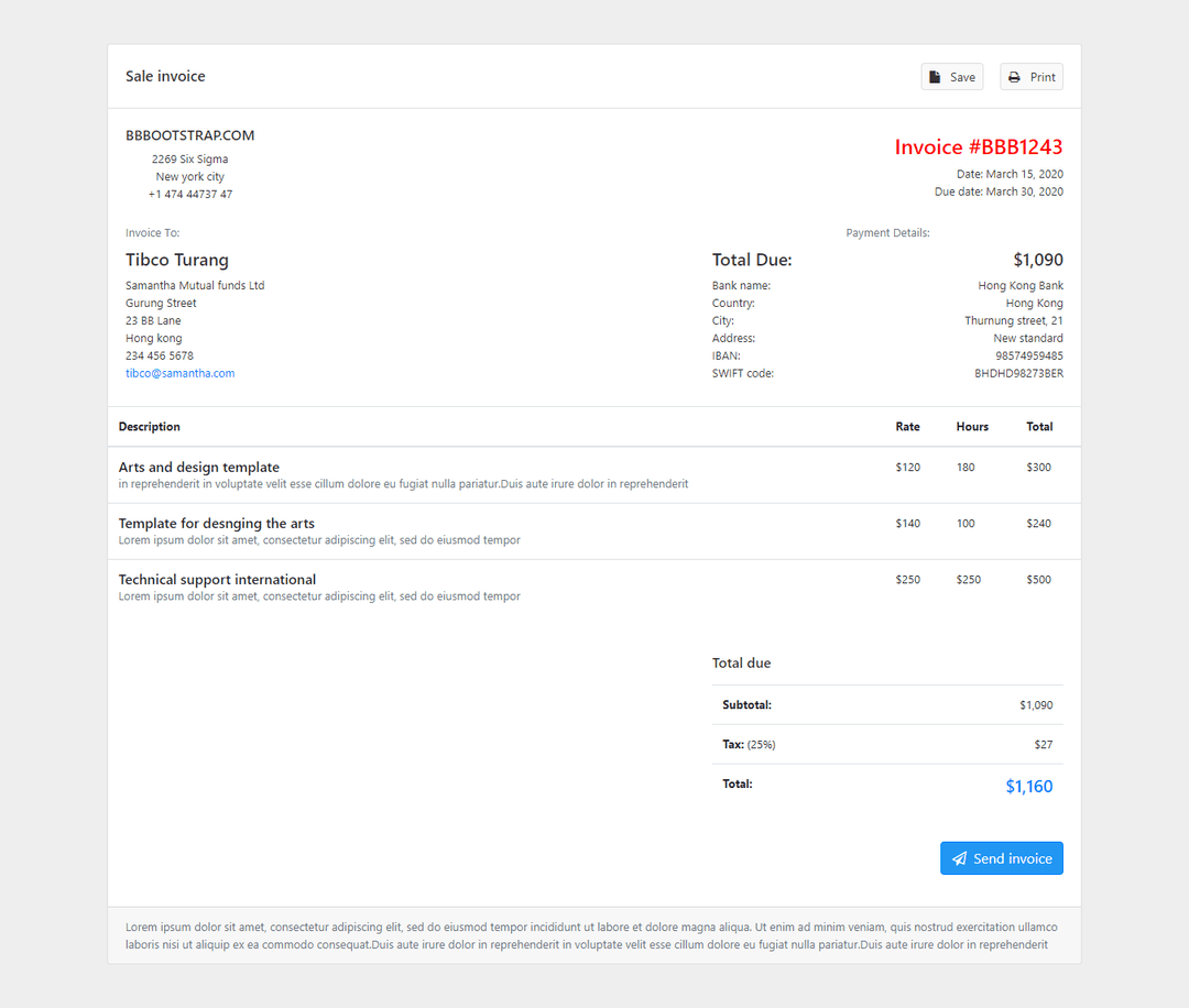 Bootstrap 3 Business Invoice snippet Example