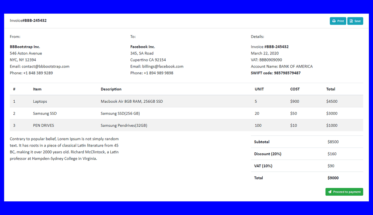 Bootstrap 5 simple invoice template Example