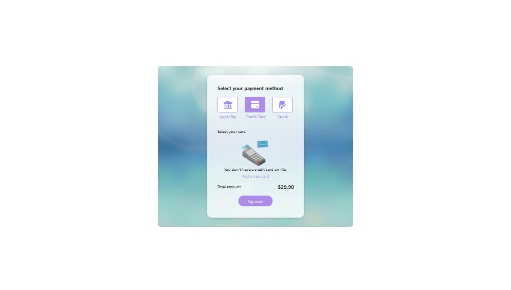 Payment form with three type of payment method  with hover effect and pay now button