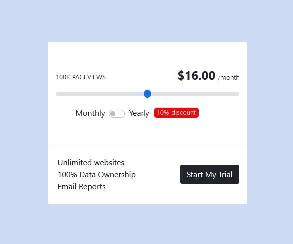 Pricing table card with toggle button with slider and discount