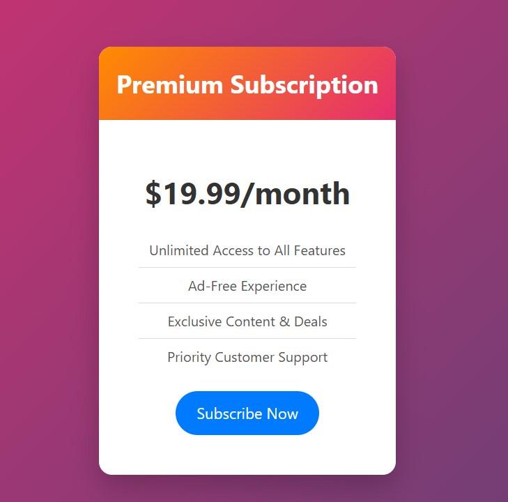 premium subscription card with color background and button