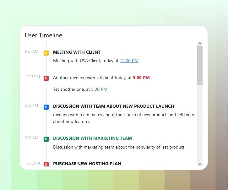 Scrollable user business  timeline card with time