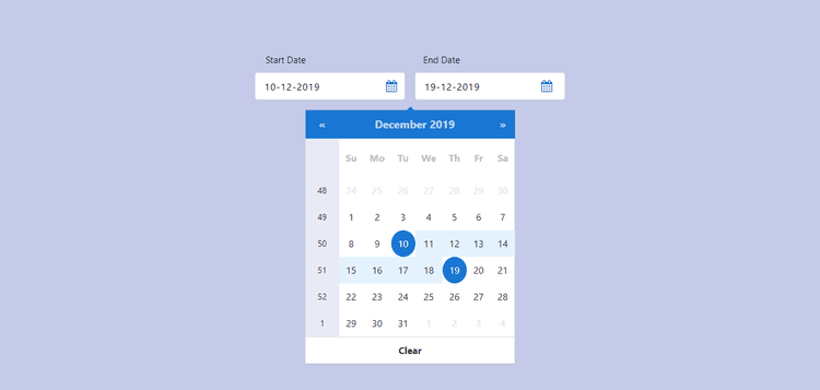 Bootstrap 4 date range datepicker with two months shown Example