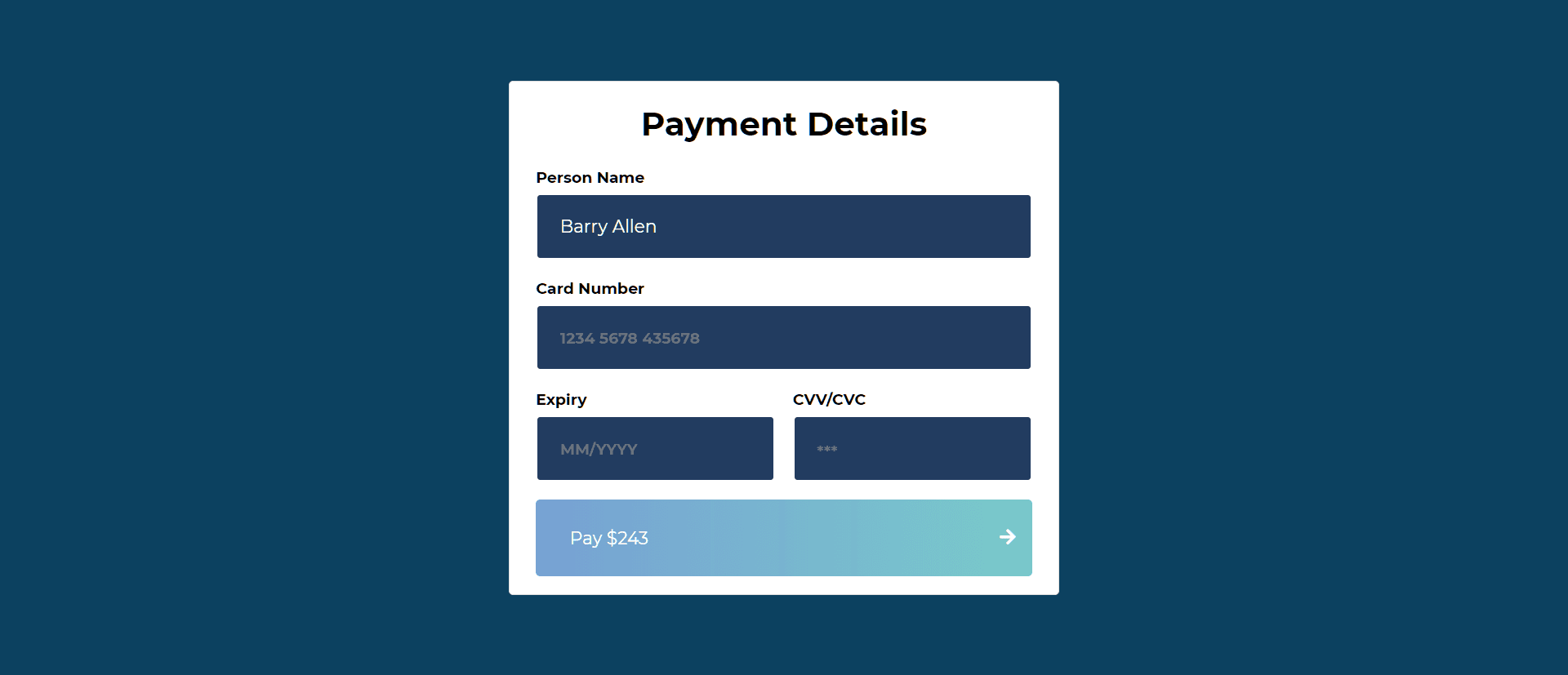 Payment form with gradient button