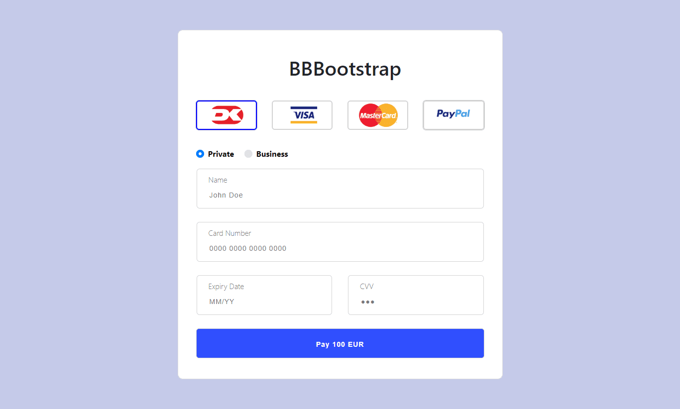 Credit card payment form with 4 different options