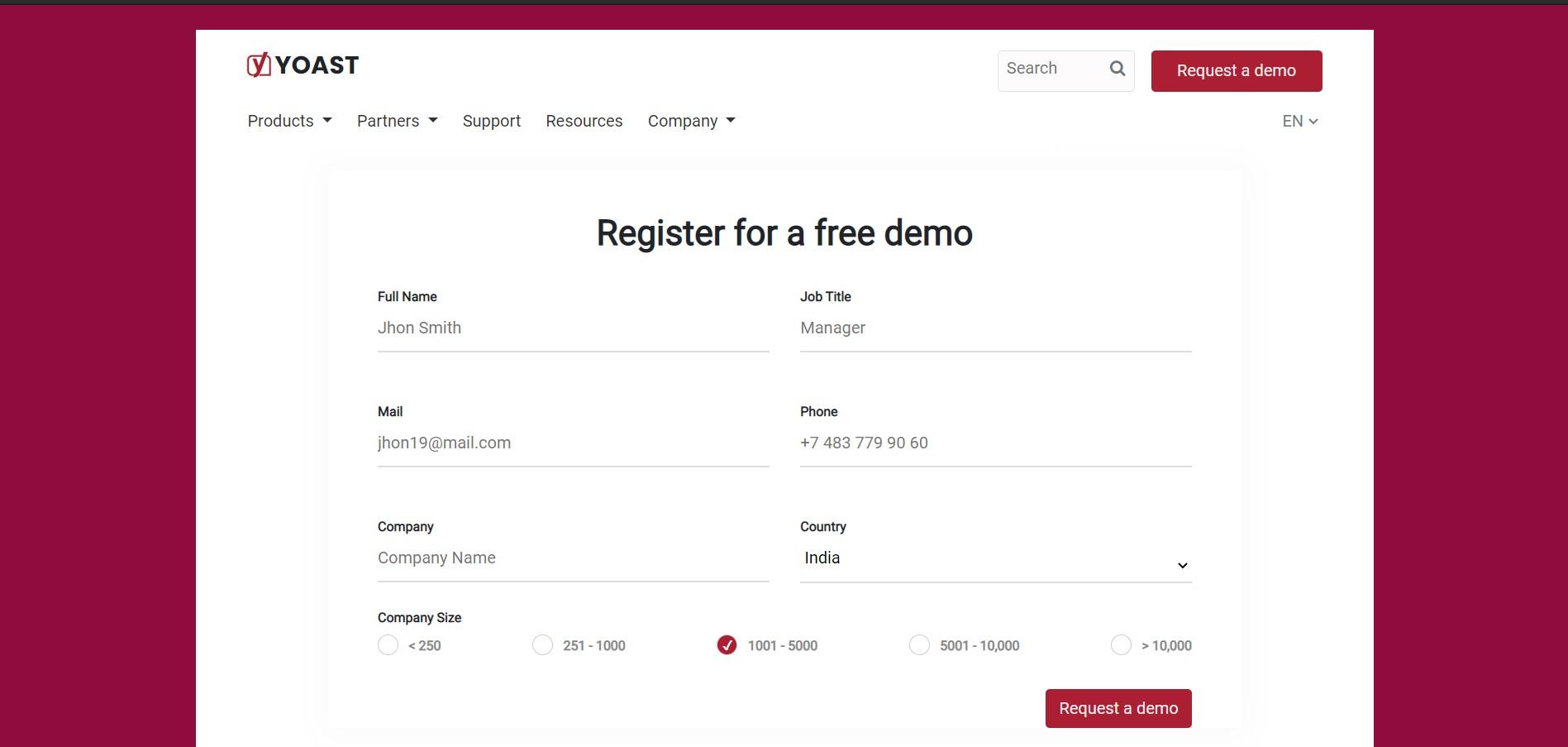 Registration form for company's demo with navbar