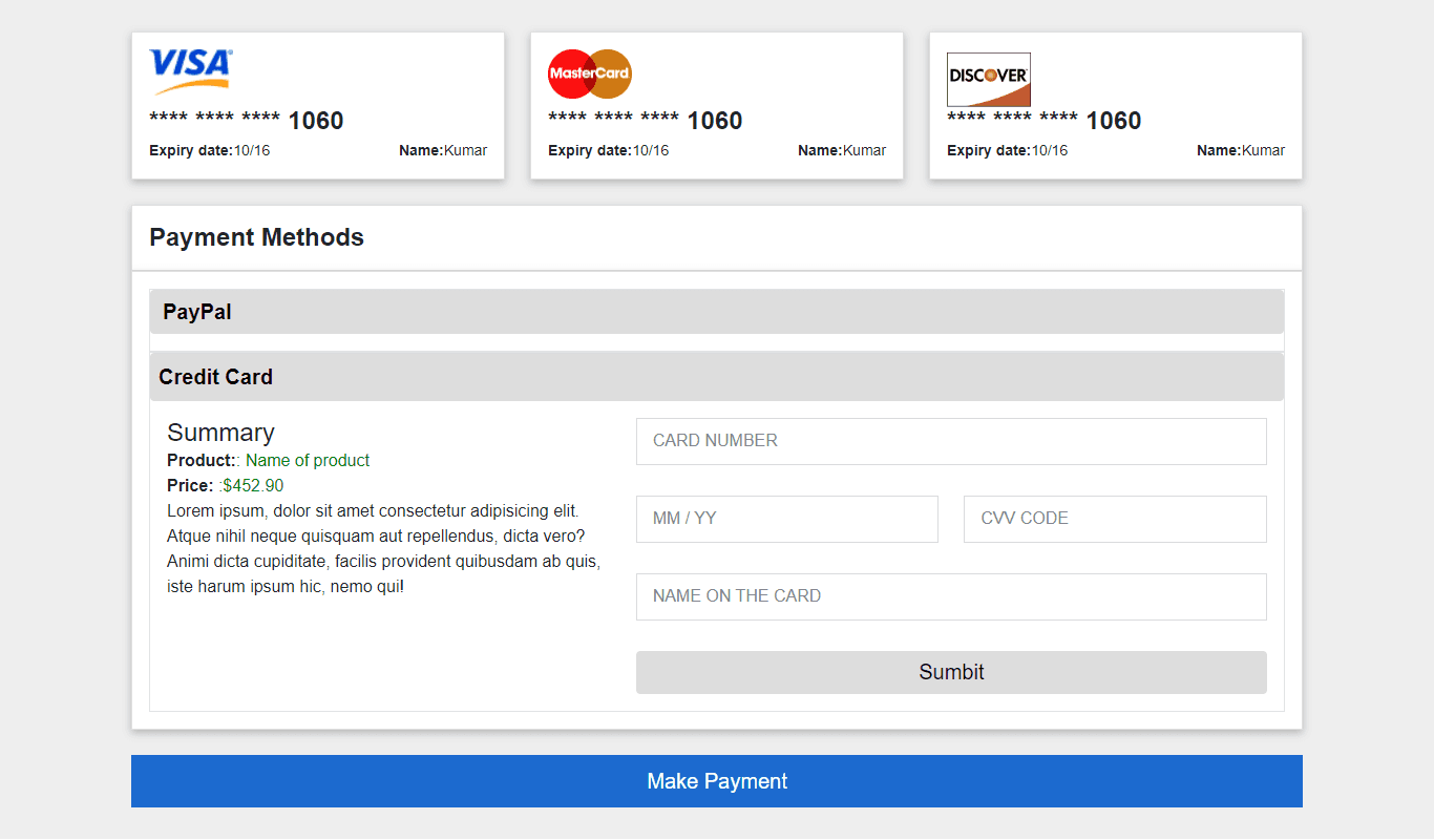 Payment form with payment methods