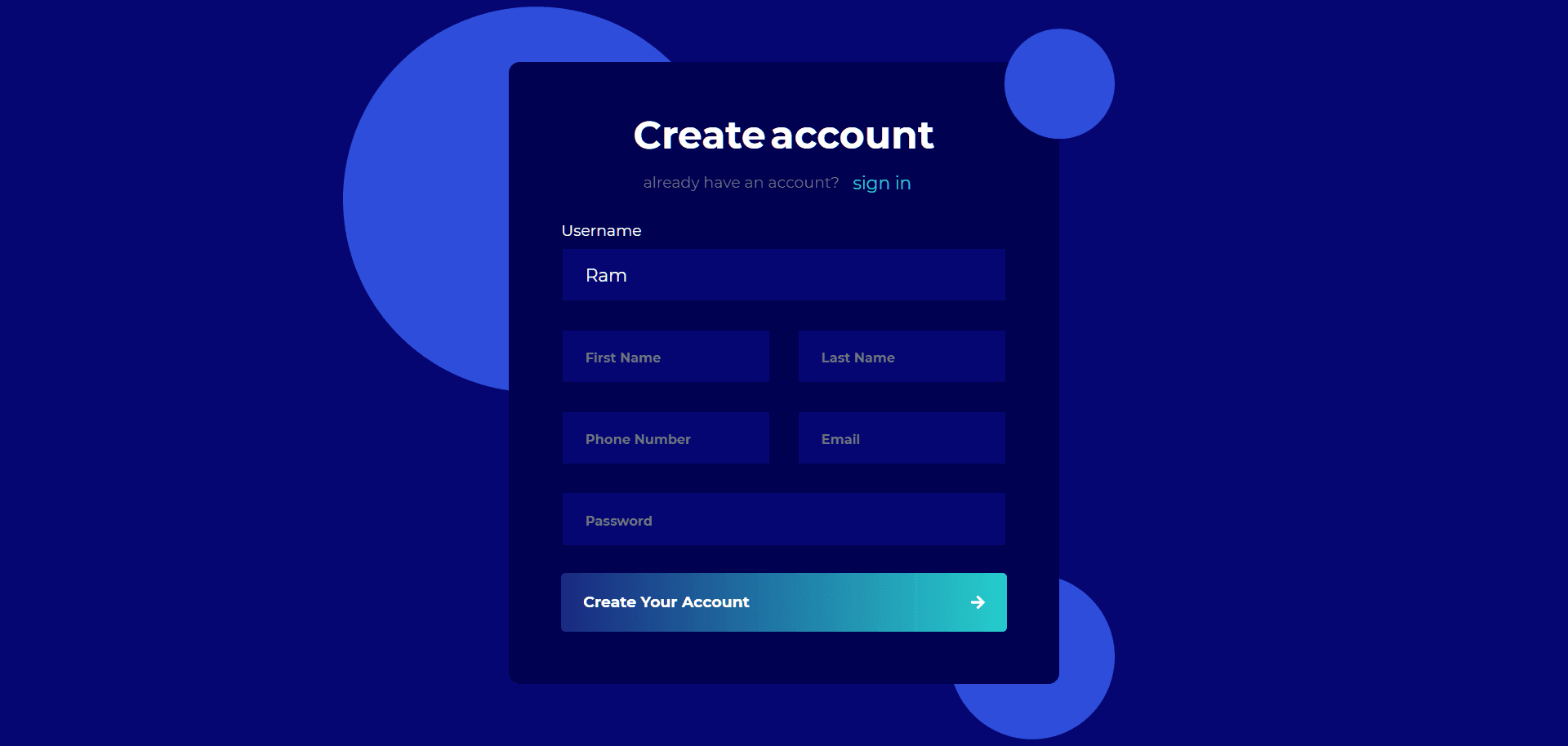 Fancy registration form with gradient button