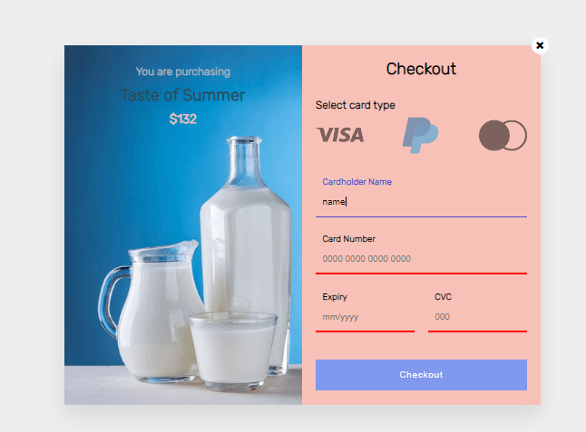 shopping card with input validation and image hover