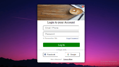 Login form with facebook and google link