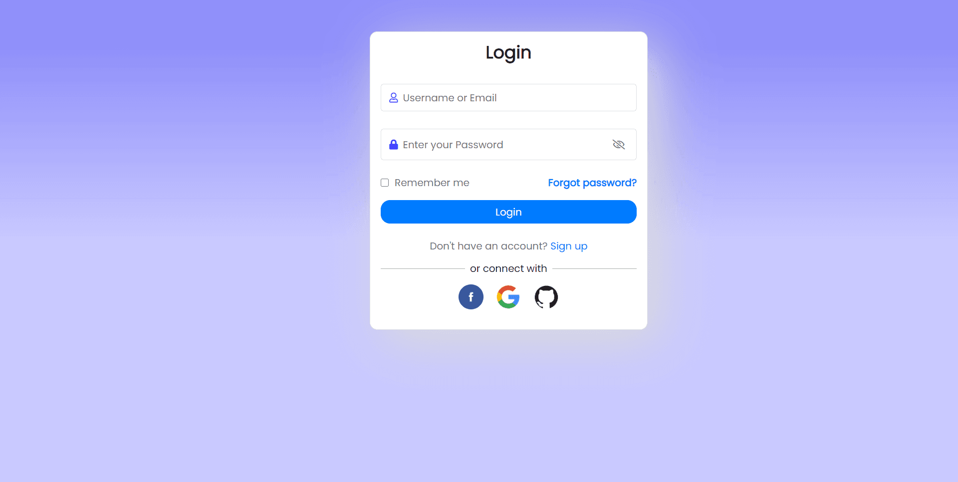 simple login form with github connections