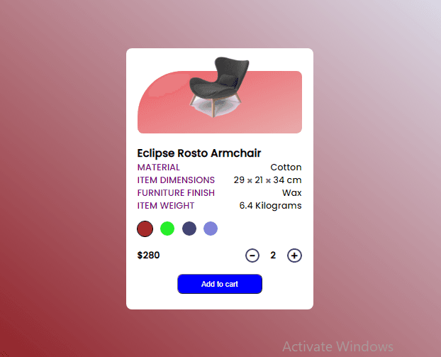 product information card with hover effect
