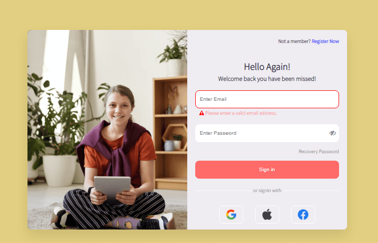 login form with validation, email warning and social images