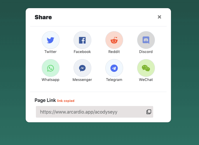 share on social media modal with link copy