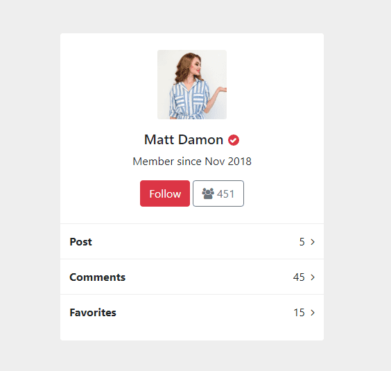 user profile card with follow button