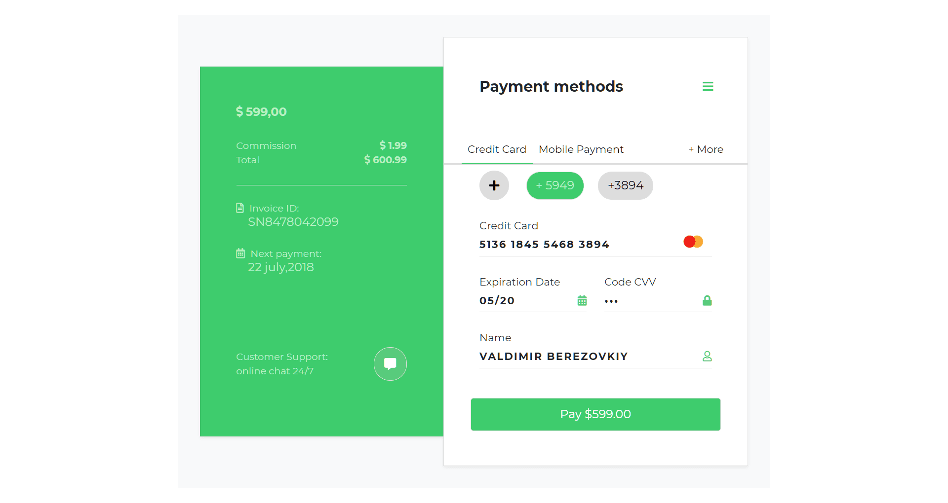 Payment form with nav tabs