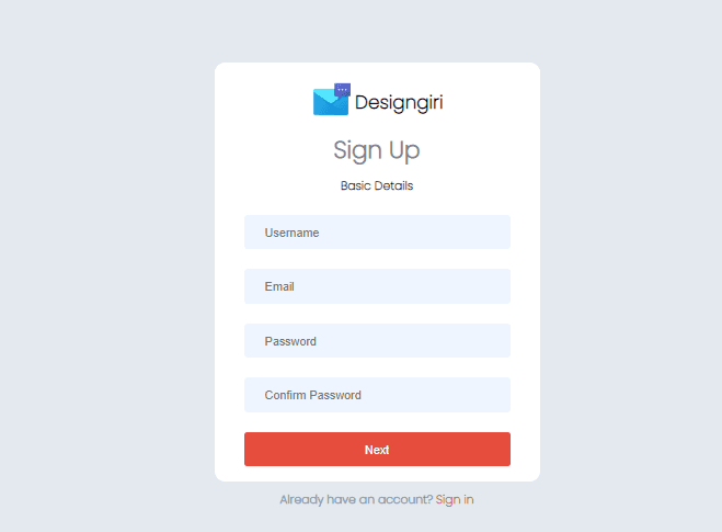 multistep sign-up form with validation and next previous navigation