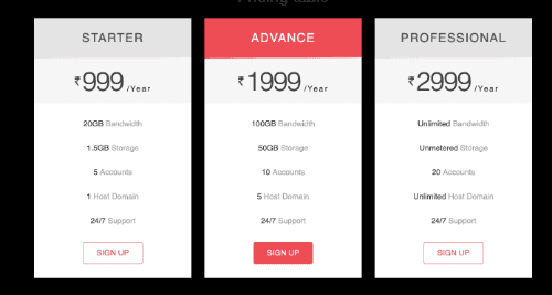 Pricing table with hover effect
