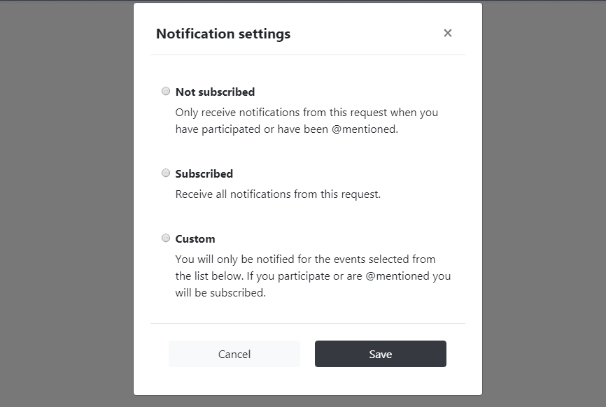 notification settings modal with radio button