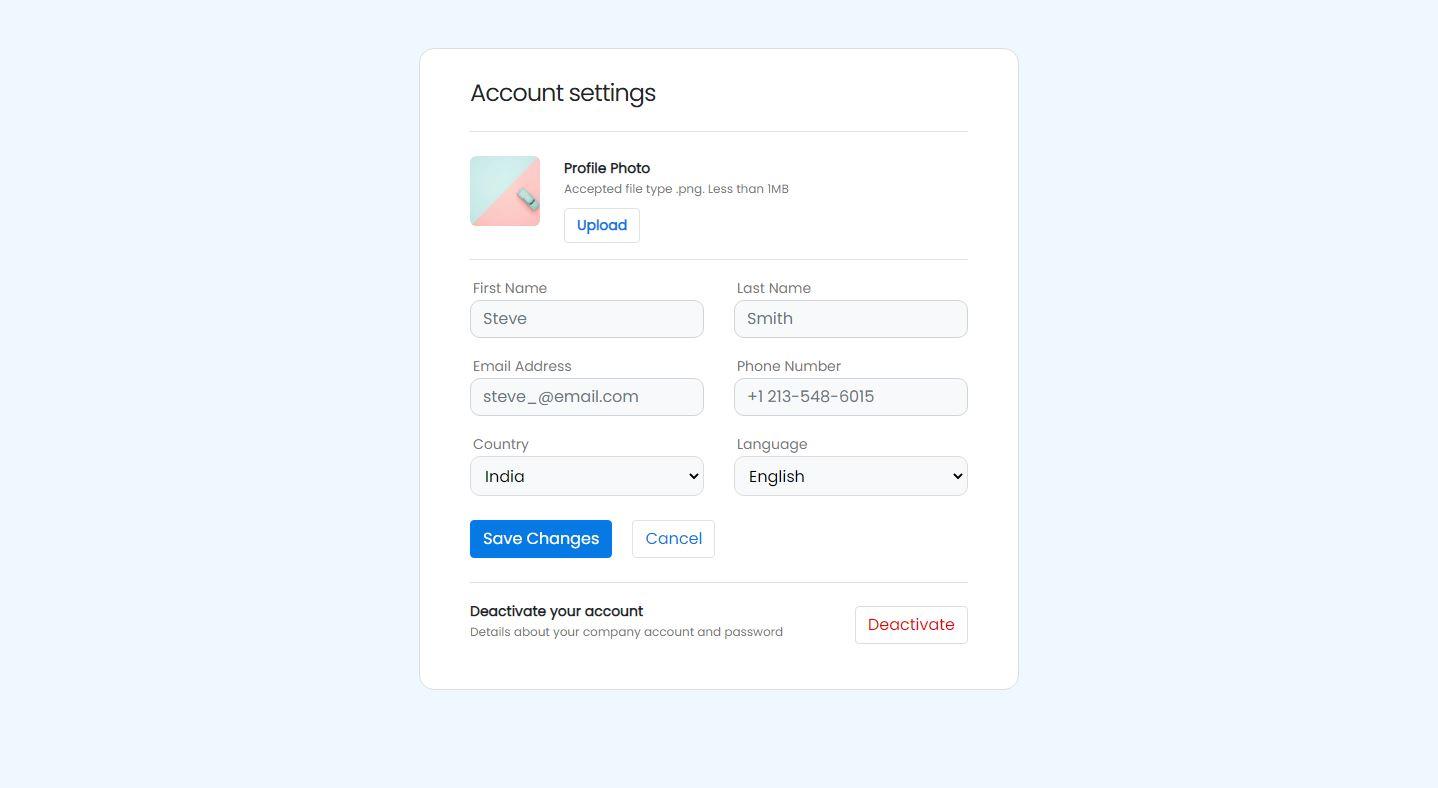 Edit profile accounts setting template