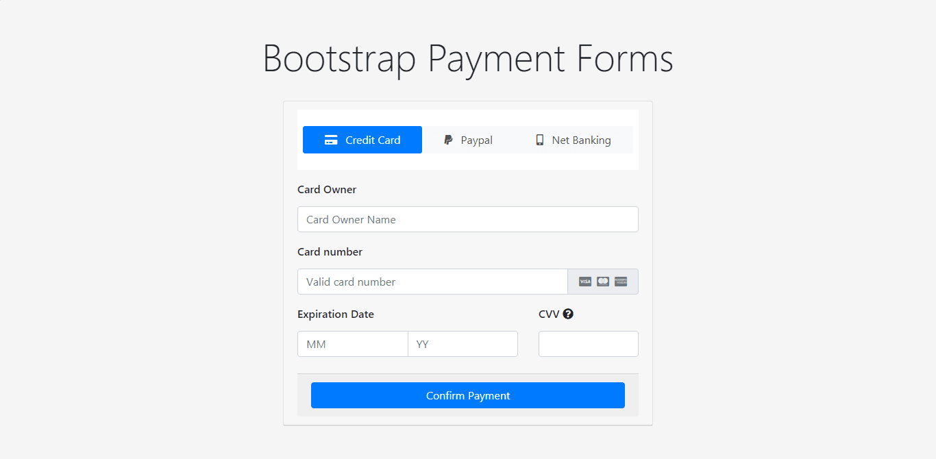 Payment Form with three different payment options