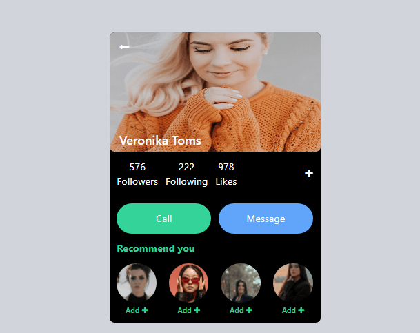 profile card with add images and hover