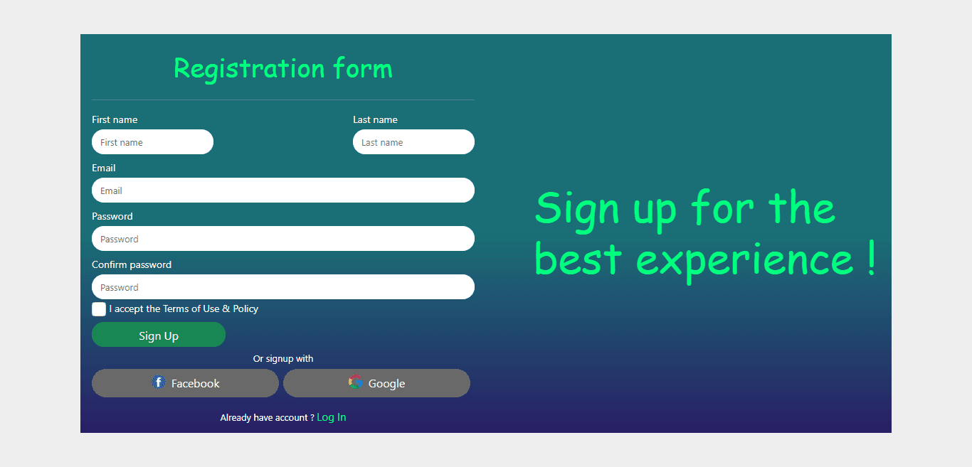 signup form with custom style text