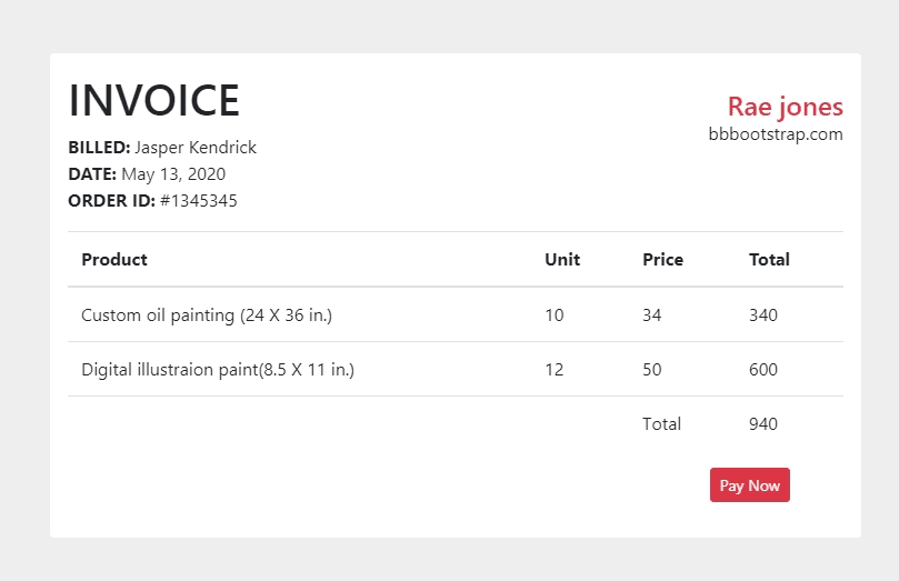 ecommerce invoice with table and pay now button