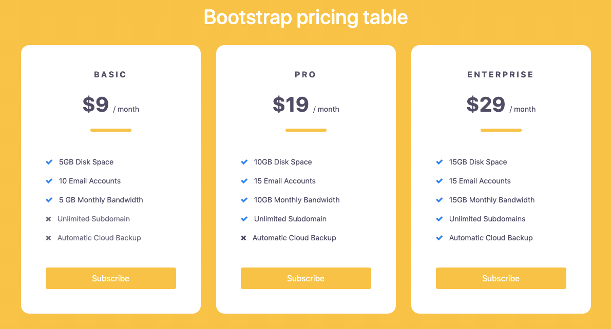 pricing table with delete text