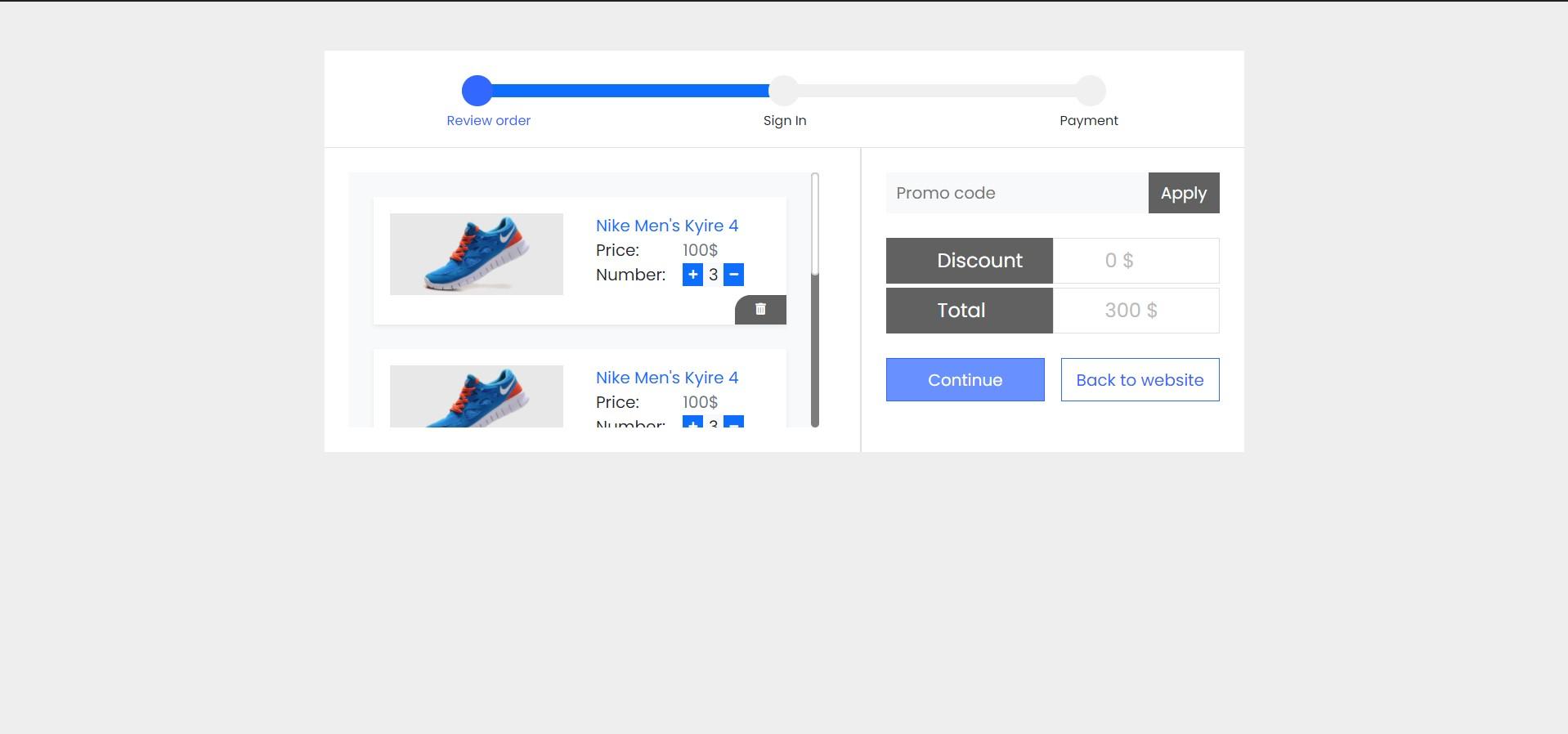 Ecommerce checkout form with progress-bar