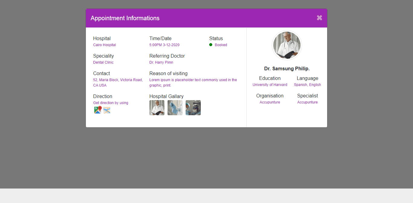 doctors appointment information modal