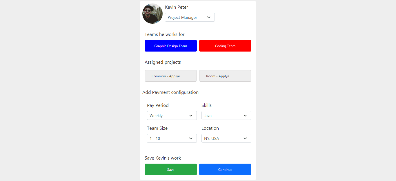 employee profile with select options