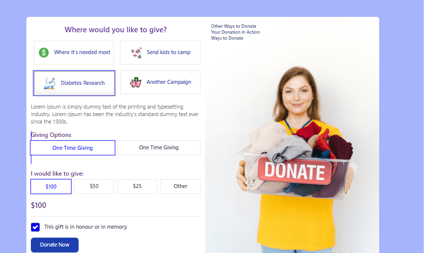 donation form with radio buttons