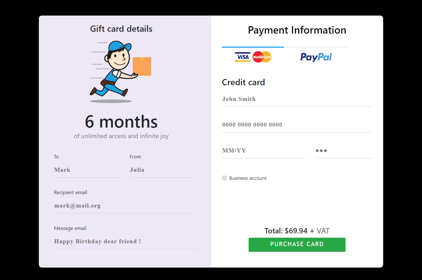 Gift card payment form