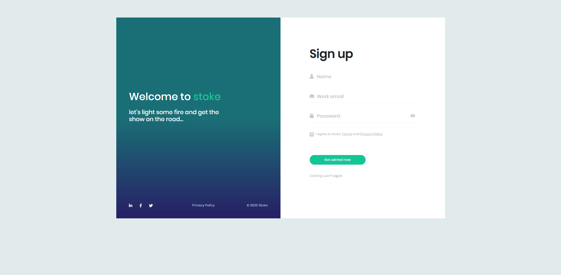 Sign up form with social media icons in footer