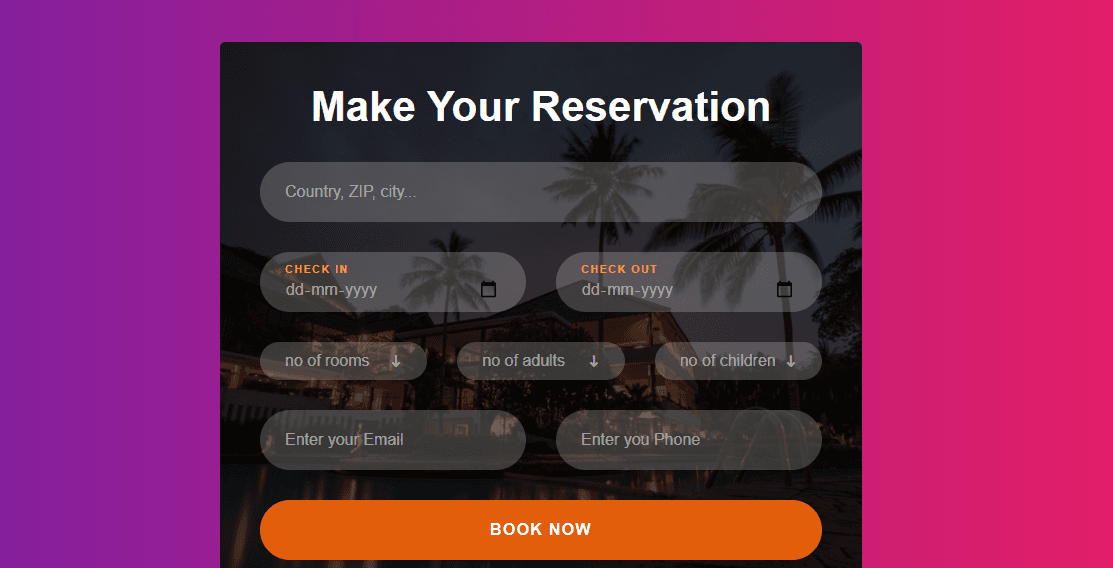 hotel booking form template with date picker