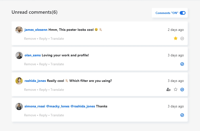 comments list with font awesome icons and toggle button