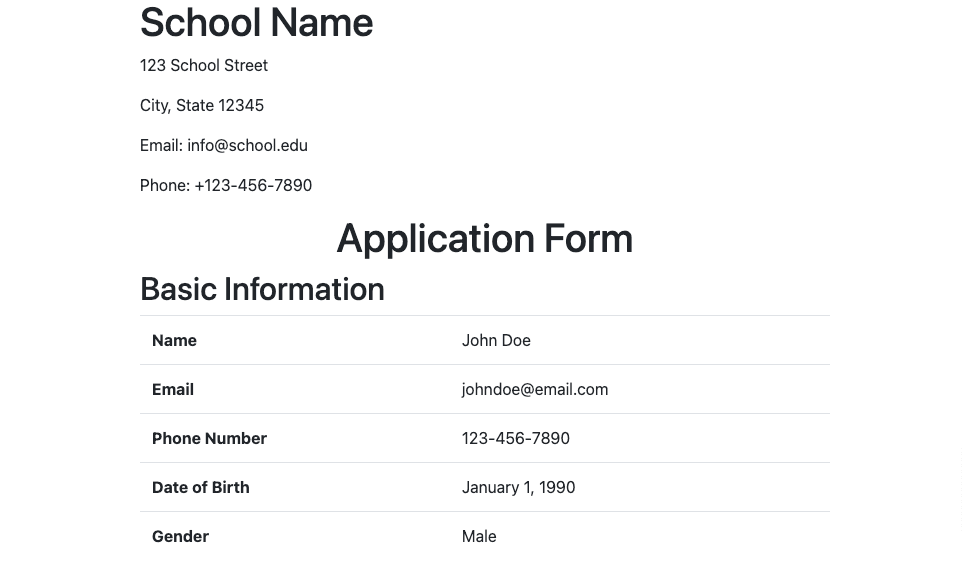 Applicant's Data Summary Page