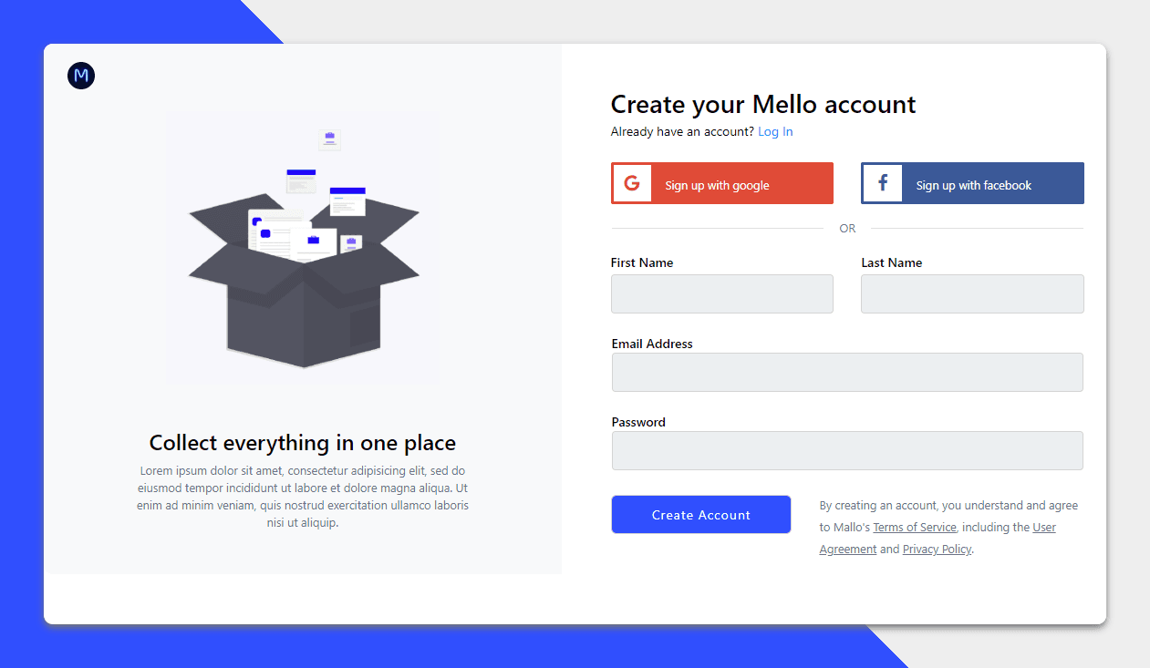 create account form with company logo and image