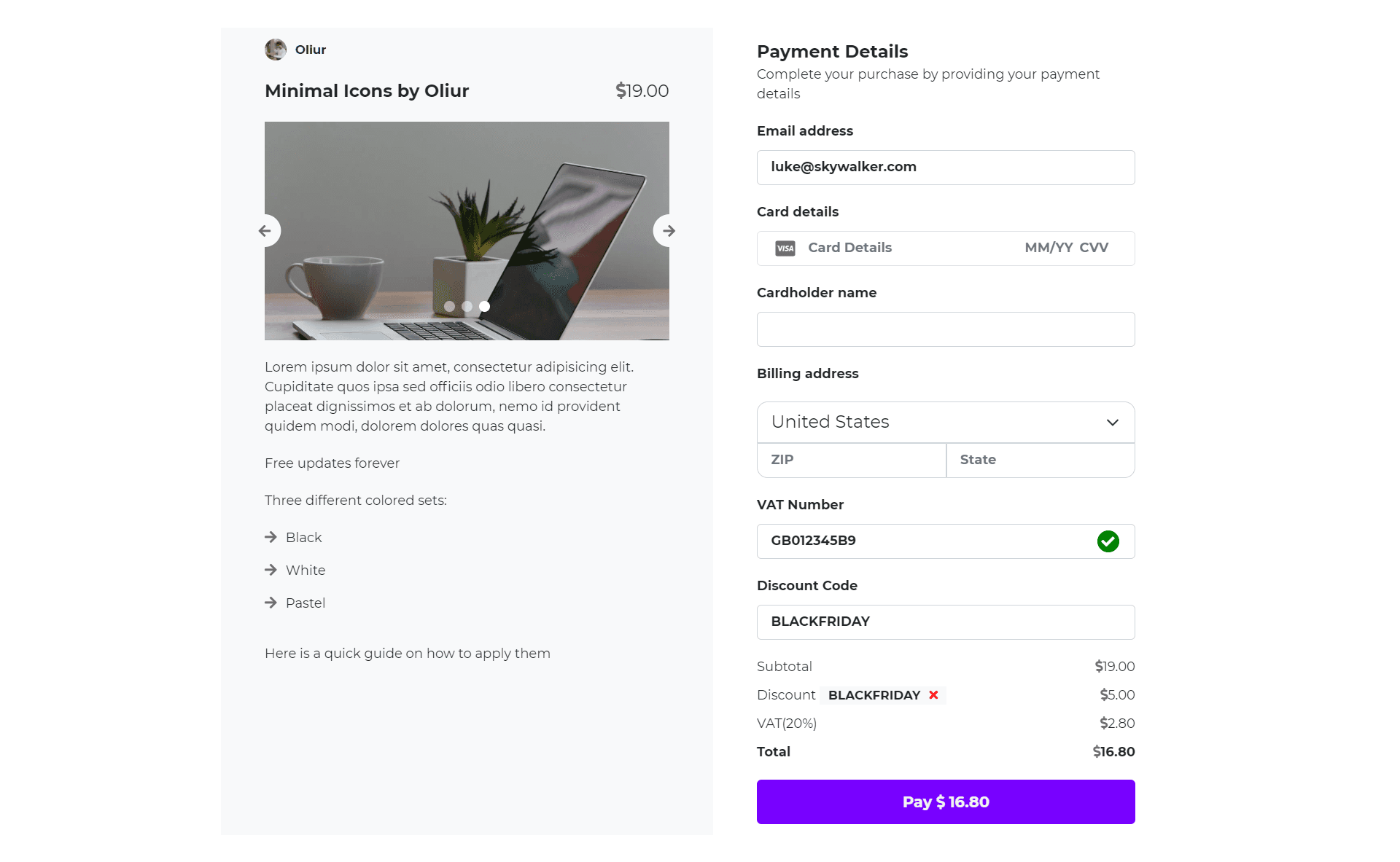 Animated payment page with carousel