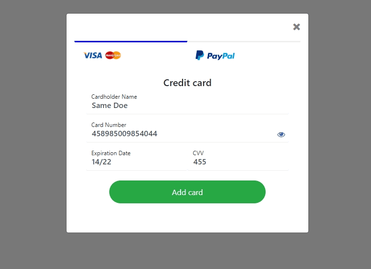 payment option modal form with tabs and floating labels