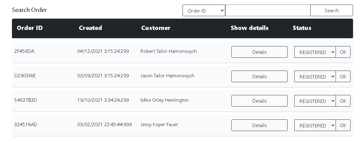 Ecommerce Status Menu - With Search And Order Details