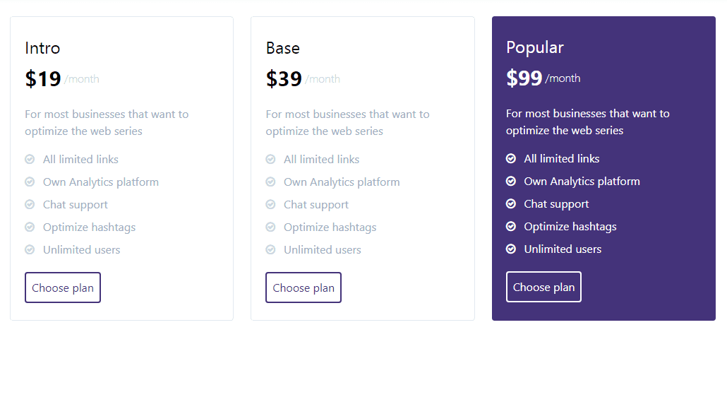 pricing table with hover effect